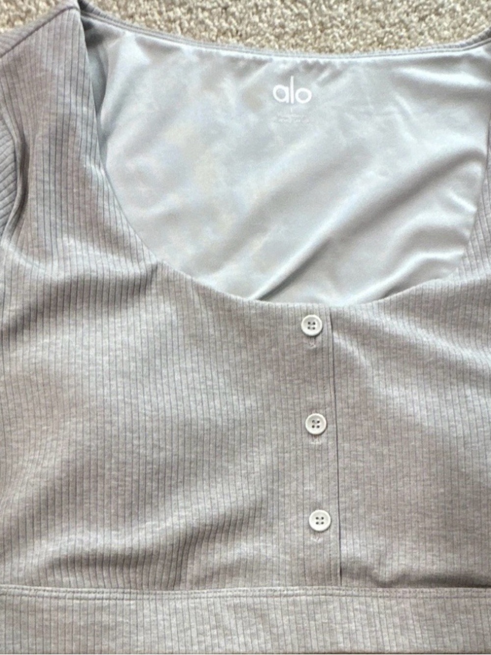 ALO Yoga Light Gray Ribbed Button-Front Crop Tank workout top